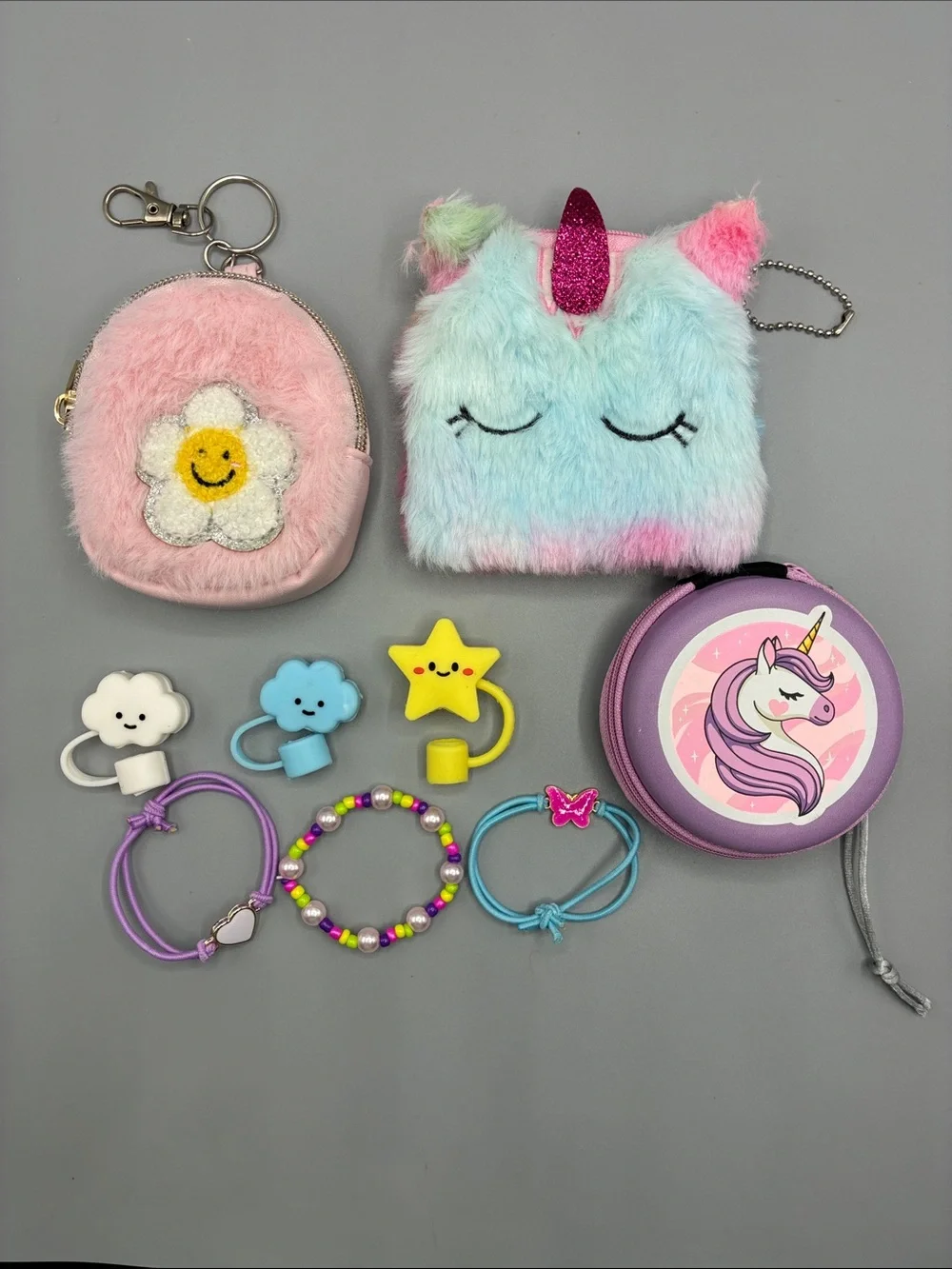 Kids Plush Unicorn & Flower Coin Pouch Set – straw covers and bracelets